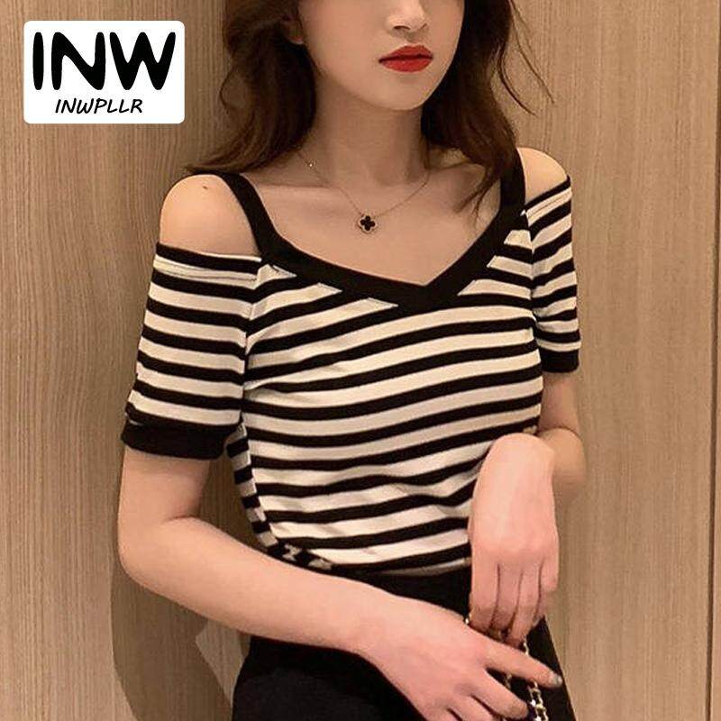 INWPLLR Women's Fashion Tops Summer Wear Striped Tshirt V-neck Short Sleeve Women T-shirts Korean Tee Shirt Women Off Shoulder Tops Tshirts
