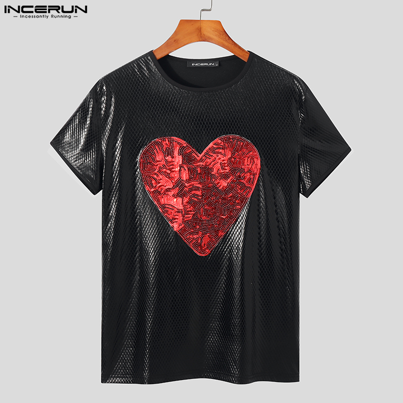 INCERUN Mens Short Sleeve Sequin T Shirt Wet Look Party Disco Blouse Clubwear Tee Shirts (Western Style)