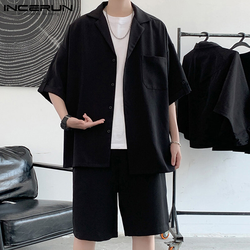 INCERUN Men Short Sleeve Korean Style Casual Suits Button Shirts Elastic Waist Short Sets (Korean Style)