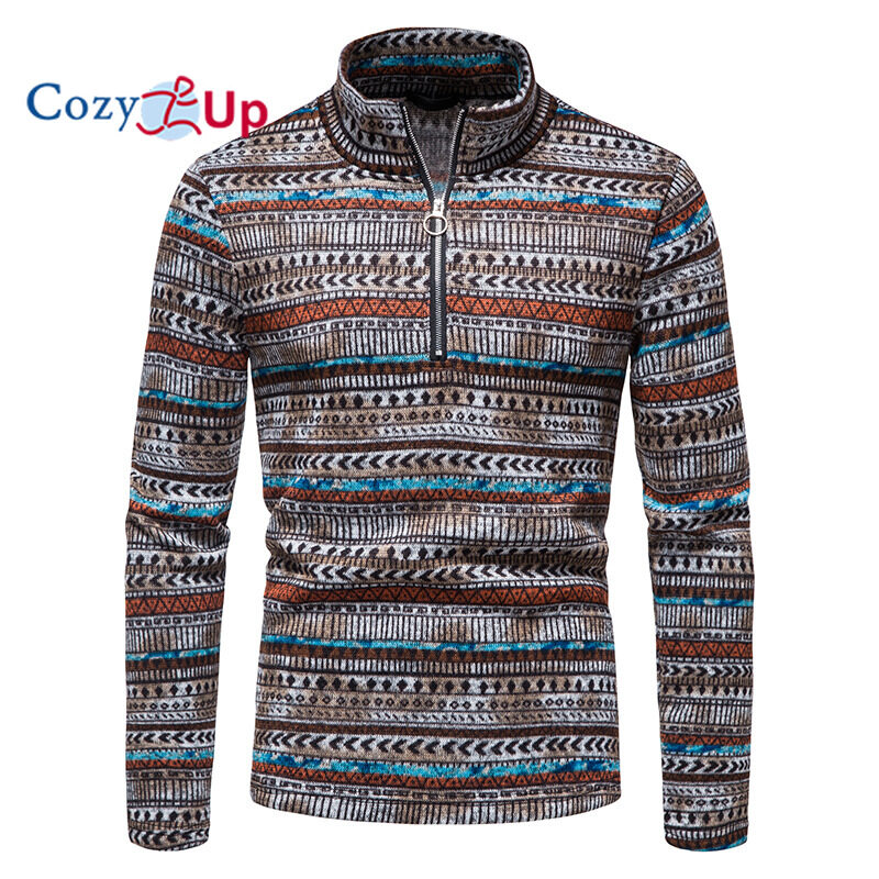 Cozy Up Men Long Sleeve Sweater Zip Access Control Stand Collar Casual Batik Pullover