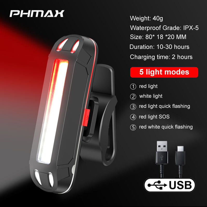 PHMAX Bike Rear Light IPX-5 Waterproof By USB Chargeable With LED Safety Warning Lamp Bicycle Flashing Accessories MTB Cycling Taillight