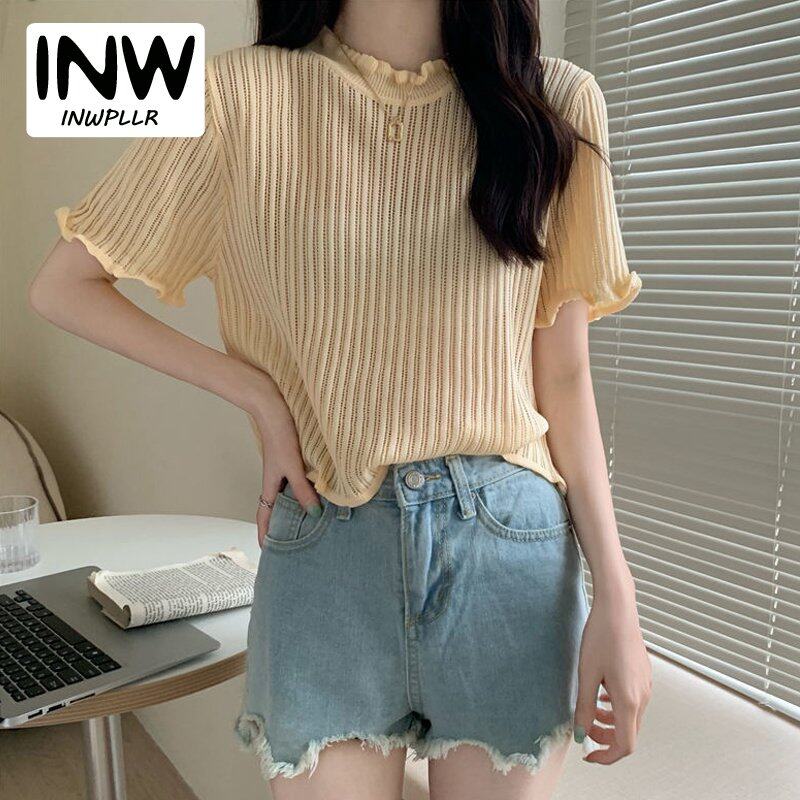 INWPLLR Women Korean Agaric Edge Collar Tops Newest Knitting T-shirts Summer Thin Short Sleeve Female Tshirts