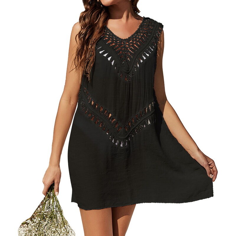 Adisputent Sexy Hollow Out Beach Dress Tunic Robe See Through Hollow Out Anti UV Cover Up Swimwear Beach Dress Female Bathing Vestidos