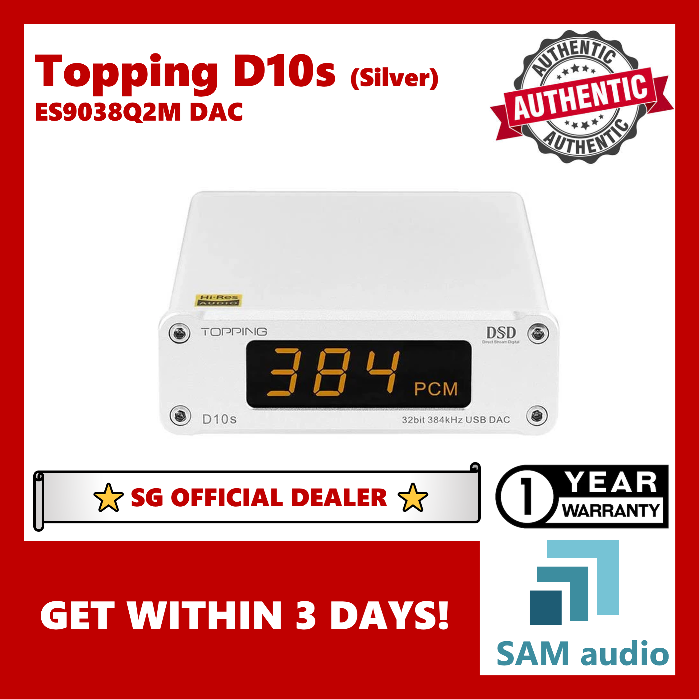 [SG] Topping D10s, ES9038Q2M DAC Hi-Res Audio, XMOS XU208 USB (o/p to Amplifier), Hifi Audio